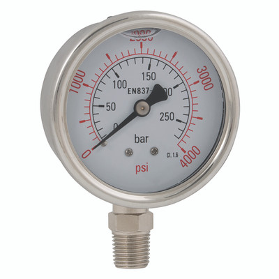 1/4"BSPT 0-20B 63MM BTM GLY GAU 0-300PSI - 1/4" BSP Tapered Male, Stainless Steel Case, Bottom Connection Pressure Gauge, 63mm Dial Diameter, Working Pressure 0 to 20 bar, FT ProAll images used are for illustrative purposes only