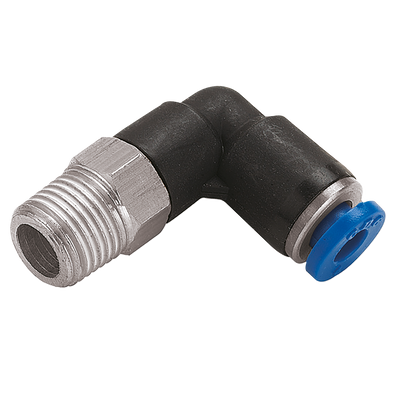 1/4" OD X 1/4" NPT MALE ELBOW PUSHIN - 1/4" NPT Male x 1/4" Outside Diameter, Pneumatic One Touch Plastic Push-in Imperial Tube Fitting, 90Ã‚Â° Stud Swivel Elbow, Plastic/Brass Nickel Plated, Working Temperature 0Ã‚Â°C to +60Ã‚Â°C, Maximum Working Pressur