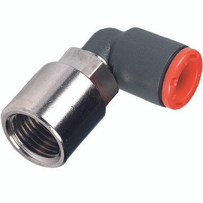 FEMALE SWIVEL ELBOW 6MM TO 1/8"BSPP - 1/8" BSP Parallel x 6mm Outside Diameter, 90Ã‚Â° Female Stud Swivel Elbow, Technopolymer, Working Temperature -20Ã‚Â° C to +60Ã‚Â°C, Working Pressure -0