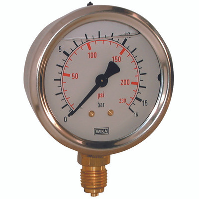 0-1BAR 63MM DIA FILLED 1/4" BSP BOTT - 1/4" BSP Parallel Male, Heavy Duty, Bottom Connection, Glycerine Gauge, 63mm Dial, Working Pressure 0-15 psi, Working Pressure 0-1 bar, WikaAll images used are for illustrative purposes only 0-1BAR 63MM DIA FILLED 1/4" BSP BOTT - 1/4" BSP Parallel Male, Heavy Duty, Bottom Connection, Glycerine Gauge, 63mm Dial, Working Pressure 0-15 psi, Working Pressure 0-1 bar, WikaAll images used are for illustrative purposes only