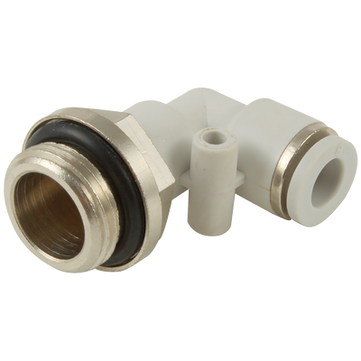 10mm x 1/2" BSPP Male Stud Elbow - 1/2" BSP Parallel Male x 10mm Outside Diameter, One Touch+ Plastic Push-in Metric Tube Fitting, 90Ã‚Â° Stud Swivel Elbow, Plastic/Brass Nickel Plated, Working Temperature 0Ã‚Â°C to +60Ã‚Â°C, Maxmimum Working Pressure 16