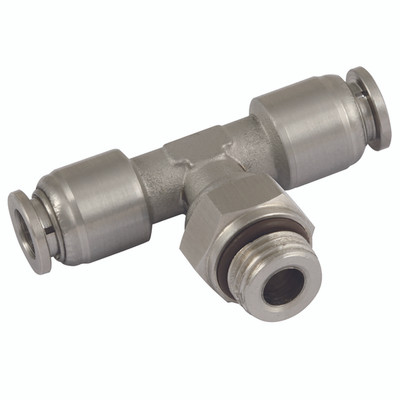 10mm x 1/4" BSPP Male Tee - 1/4" BSP Parallel Male x 10mm Outside Diameter, Pneumatic One Touch Push-in Metric Tube Fitting, Stud Branch Swivel Tee, Stainless Steel, Working Temperature -20Ã‚Â°C to +200Ã‚Â°C, Maximum Working Pressure 10 bar, KelmAll im