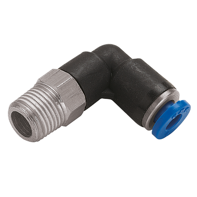 10mm x 3/8" NPT Male Stud Elbow - 3/8" NPT Male x 10mm Outside Diameter, Pneumatic One Touch Plastic Push-in Metric Tube Fitting, 90Ã‚Â° Stud Swivel Elbow, Plastic/Brass Nickel Plated, Working Temperature 0Ã‚Â°C to +60Ã‚Â°C, Maximum Working Pressure 10 ba