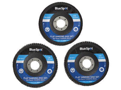 BlueSpot Tools Sanding Flap Disc Set 3 Piece 115mm (4.1/2in) - These Blue Spot Sanding Flap Discs are suitable for efficient stripping and sanding of metal and wood surfaces