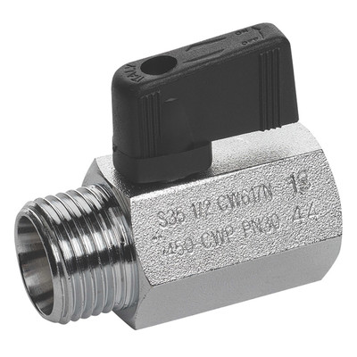 1/4"BSPF x 1/4"BSPM Brass Ball Valve Black Handle - 1/4" BSP Parallel Female x 1/4" BSP Parallel Male, High Pressure Mini Ball Valve, Black Handle, Nickel Plated Brass, PTFE Seal, Working Temperature -20°C to +90°C, Working Pressure 30 bar, RUBAll im