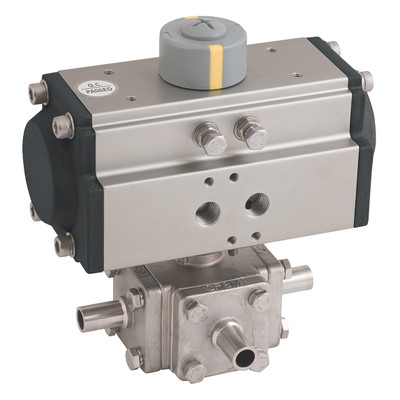 1/2"OD BW 3WT 2057CBT C/W HTS052 ACT - 1/2" Butt Weld, 3 Way, Hygienic Ball Valve Fitted with a Pneumatic Actuator, T Port, Single Acting, Stainless Steel Valve Material, Valve Working Temperature -20Ã‚Â°C to +200Ã‚Â°C, Actuator Working Temperature -20Ã‚Â