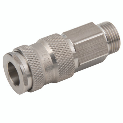 3/8" BSPP MALE COUPLING ST/ST 303 VITON - 1/4" BSP Parallel Male Coupling, Series 25KA, Stainless Steel, Pneumatic Quick Release, Valved, Stainless Steel, Viton Seal, Working Temperature -20Ã‚Â°C to +100Ã‚Â°C, Maximum Working Pressure 35 bar, Parker Rectu