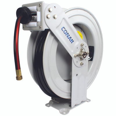 H/REEL C/W 3/8" RT 15MTR & BSPF BRASS - 3/8" BSP Parallel Female Inlet x 3/8" BSP Parallel Female Outlet x 3/8" Inside Diameter, Rubber Tech, Spring Rewind, 1/2", Mountable Steel Air Hose Reel, 15 Metres Length, Synthetic Rubber, Maximum Working Pressure