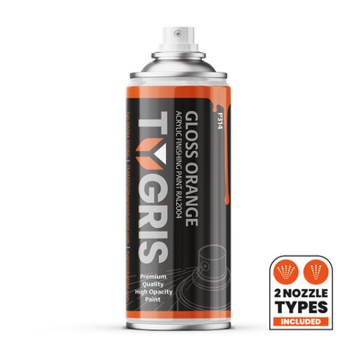Tygris Gloss Orange Paint (RAL2004) 400ML - TYGRIS Gloss Orange Paint is an acrylic based top-coat paint that can be used for a professional finish on most substrates with exceptional ease of use, resulting in a high quality appearance