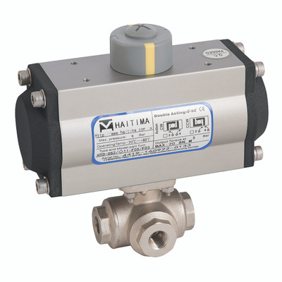 1/4" BSP BRS 3WL BV F/W HAITIMA SA ACT - 1/4" BSP Parallel, 3 Way Ball Valve Fitted with a Pneumatic Actuator, L Port, Single Acting, Nickel Plated Brass Valve Material, Elastomer Seal Material, Valve Working Temperature -20Ã‚Â°C to +130Ã‚Â°C, Actuator Wo