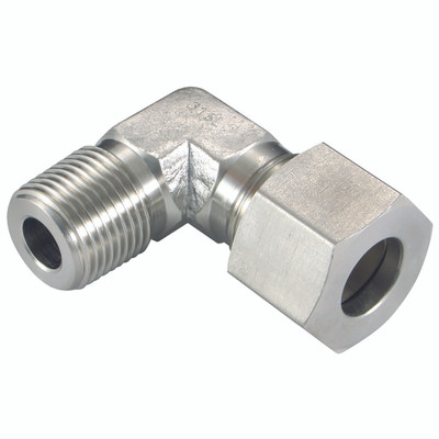 35MM OD X 1.1/4" BSPT MALE STUD ELBOW(L) - 1/4" BSP Taper Male x 10mm Outside Diameter, Hydraulic 316 Stainless Steel DIN 2353 Compression Fitting, Light Duty, 90Ã‚Â° Elbow, Maximum Working Pressure 315 bar, PH IndustrieAll images used are for illustra