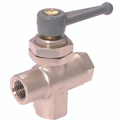 1/2"X12MM PANEL MOUNT.FEM.3-WAY B.VALVE - 1/4" BSP Parallel Female x 6mm Outside Diameter, Ball Valve, Female Right Angled Porting - Panel Mountable, Standard 3 Way, Nickel Plated Brass, Nitrile, Working Temperature -20Â°C to +80Â°C, Maximum Working Press