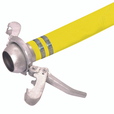 YELLOW LAYFLAT 2" X  25M C/W LLC2 - Industrial Layflat Lever Lock Hose Assembly, Ultra-lok Band, Yellow PVC Layflat Delivery Hose, 51mm Inside Diameter, 2" Coupling, Length 100 Metres, Bursting Pressure 18 bar, Maximum Working Pressure 6 bar, JaymacAll