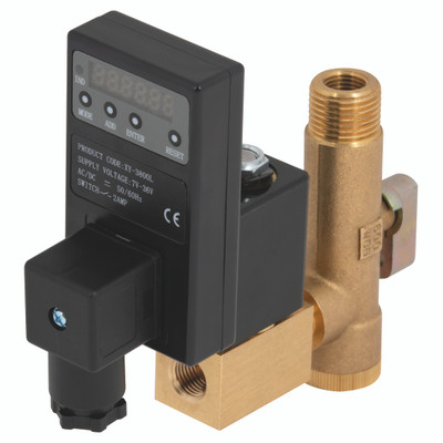 1/4" BSPP 220V AC DRAIN VALVE + STRAINER - 1/8" BSP Parallel Female, Automatic Drain Valves, Digital Timer, Brass Valve, Orifice Size 4