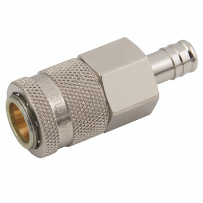 3/4" HOSE TAIL H.DUTY COUPLER "SCHRADER" - Pneumatic Quick Release, Series 68KA, Standard, Coupling, Hose Tail, To Suit Hose Inside Diameter 10mm (3/8"), Valved, Nickel Plated Steel, Nitrile Seal, Working Temperature -10Ã‚Â°C to +80Ã‚Â°C, Maximum Working