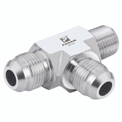 3/4 JIC X 1/4 NPT RUN TEE ST/ST - 9/16"-18 UNF Male x 1/2" NPT Male, 37Ã‚Â° JIC Flare Fitting, Fixed, Tee, Male on Run, Stainless Steel, PanamAll images used are for illustrative purposes only
