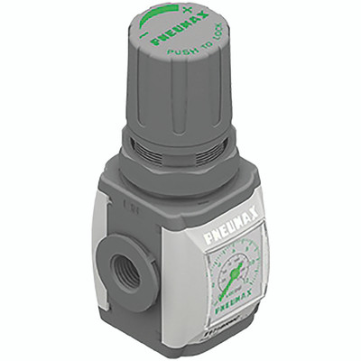 G1/4" REG (& GAUGE 0-8 BAR) - 1/4" BSP Parallel Female, Air Preparation, Panel Mounted Regulator Handle Mounted Gauge, Maximum Working Pressure 2 bar, PneumaxAll images used are for illustrative purposes only