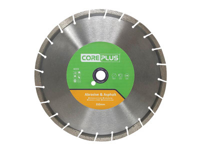 Coreplus AB350 Abrasive & Asphalt Diamond Blade 350mm - The CorePlus Abrasive &amp; Asphalt Diamond Blade features angled gullets and drop segments for quick removal of abrasive waste material