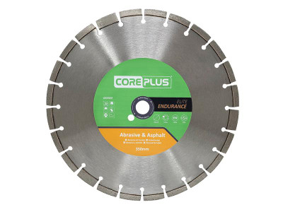 Coreplus AB350E Elite Abrasive & Asphalt Diamond Blade 350mm - The CorePlus Elite Abrasive &amp; Asphalt Diamond Blade has been Elite Endurance engineered to cut material with extremely abrasive properties, resulting in exceptional blade life