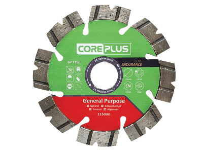 Coreplus GP115E Elite General-Purpose Diamond Blade 115mm - The CorePlus Elite General-Purpose Diamond Blade features an Elite Endurance diamond metal matrix that extends the lifetime of the blade way beyond expectation
