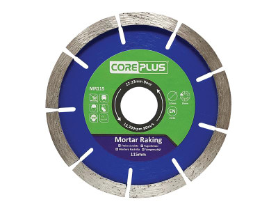 Coreplus MR115 Mortar Raking Diamond Blade 115mm - The CorePlus Mortar Raking Diamond Blade has hard, 10mm tall segments, specifically designed for removing a range of mortars prior to pointing