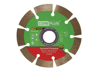 Coreplus Top Twelve General Purpose Diamond Blade 115mm - CorePlus Top Twelve General Purpose Cutting Blades provide low cost cutting in a wide variety of building materials