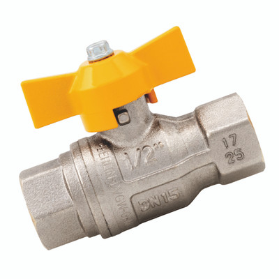 1" F/F FULL FLOW - 'T' HANDLE - 1/2" BSP Parallel Female x 1/2" BSP Parallel Female, With Wing Handle, Full Bore Gas Ball Valves, Type 072, Nickel Plated Brass, EN331 Approved, Working Temperature -20Â°C to +60Â°C, Maximum Working Pressure 5 bar, ITAPA