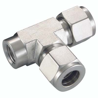 FEMALE RUN TEE 6 OD 1/8 NPT - 1/4" NPT Female x 10mm Outside Diameter, Hydraulic Twin Ferrule Metric Compression Fitting, Tee, Female Run x Tube, 316 Stainless Steel, PanamAll images used are for illustrative purposes only