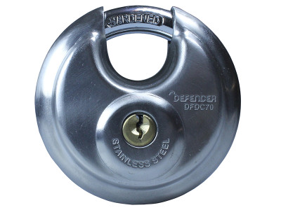 DEFENDER Discus Padlock 70mm Keyed Alike - The DEFENDER Discus Padlocks provide extra protection by restricting the amount of shackle exposed and therefore not allowing the use of bolt croppers
