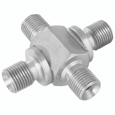 1/8" BSPP EQUAL MALE CROSS STEEL - 1/4" BSP Parallel Male, Hydraulic Adaptor Steel, 60Â° Cone for Bonded Seal, Cross, Zinc Plated Mild Steel, Maximum Working Pressure 450 bar, Burnett & HillmanAll images used are for illustrative purposes only