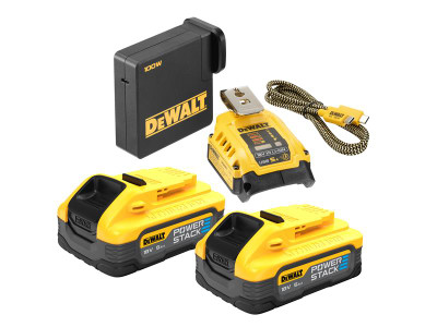 Dewalt USB-C POWERSTACK™ Starter Kit 18V 2 x 5.0Ah Li-ion - The DEWALT USB-C POWERSTACK&trade; Starter Kit contains the following;</p>  1 x DCB094K USB Power Delivery Charging Kit