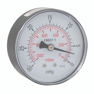 1/4"BSPT 63MM VACUUM CNTR BK CNNCT GAUGE - 3/8" BSP Tapered Male, Vacuum, Centre Back Connection, Dry Gauge, 100mm Dial Diameter, Gauge Pressure -30 Inches of Mercury, Maximum Working Pressure -1 bar, Air-ProAll images used are for illustrative purpose