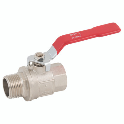 1/4" BSP MALE X LONG FEM THREAD BV LEVER - 1/4" BSP Parallel Male x 1/4" BSP Parallel Female, Ball Valve, Long Female Thread, Heavy Model, Full Bore, Red Lever Handle, Nickel Plated Brass Body, PTFE Seal, Working Temperature 0ï¿½C to +90ï¿½C, Maximum Work
