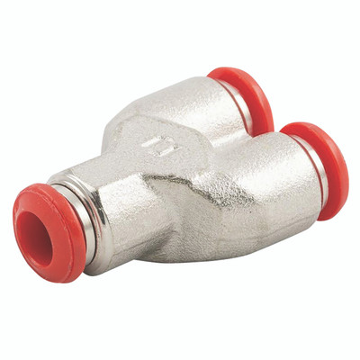 08MM OD EQUAL "Y" PIECE PUSHIN - 10mm Outside Diameter, Push-in Fitting, Equal, Y Connector, Brass, Working Temperature -18Ã‚Â°C to +70Ã‚Â°C, Maximum Working Pressure 20 bar, AignepAll images used are for illustrative purposes only