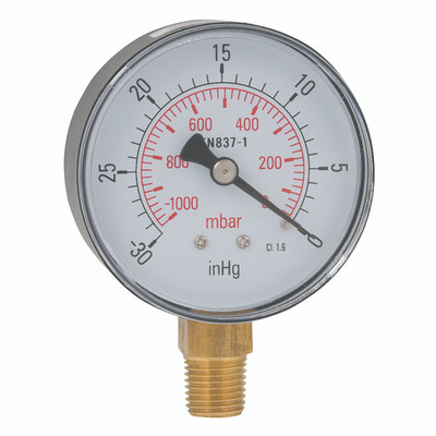 1/8"BSPT 40MM VACUUM BOTOM CNNCT GAUGE - 3/8" BSP Tapered Male, Vacuum, Bottom Connection, Dry Gauge, 100mm Dial Diameter, Gauge Pressure -30 Inches of Mercury, Maximum Working Pressure -1 bar, Air-ProAll images used are for illustrative purposes only