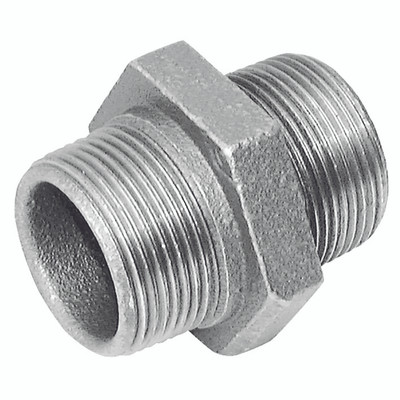 3/8"  BSPT MALE HEX NIPPLE FIG144 GALV - 1" BSP Tapered Male, Malleable Iron Pipe Fitting, Galvanised, Equal Hexagonal Nipple, Fig