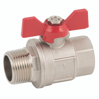 1/4" BSP MALE X LONG FEM THREAD WING B/V - 1/4" BSP Parallel Male x 1/4" BSP Parallel Female, Ball Valve, Long Female Thread, Wing Handle, Heavy Model, Full Bore, Red Wing Handle, Nickel Plated Brass Body, PTFE Seal, Working Temperature 0ï¿½C to +90ï¿½C,