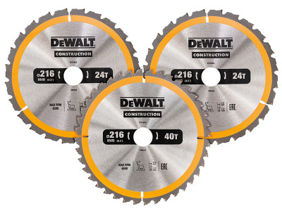 Dewalt DT1962 Construction Circular Saw Blade 3 Pack 216 x 30mm 2 x 24T 1 x 40T - The DEWALT DT1962 Construction Circular Saw Blades have been designed for use with stationary machines to cut softwoods and composite materials Dewalt DT1962 Construction Circular Saw Blade 3 Pack 216 x 30mm 2 x 24T 1 x 40T - The DEWALT DT1962 Construction Circular Saw Blades have been designed for use with stationary machines to cut softwoods and composite materials