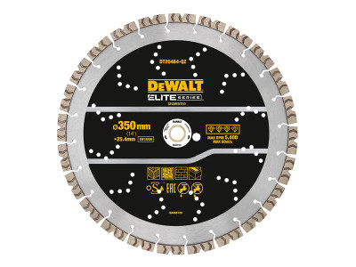 Dewalt ELITE SERIES™ All Purpose Diamond Segmented Wheel 350 x 25.4mm - The DEWALT ELITE SERIES&trade; Diamond Segmented Wheel is made for demanding jobs, cutting asphalt and green concreteThe DEWALT ELITE SERIES&trade; All Purpose Diamond Segmented