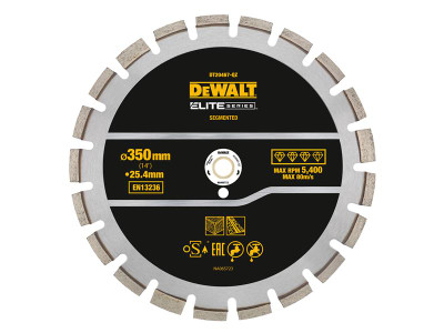 Dewalt ELITE SERIES™ Asphalt Diamond Segmented Wheel 350 x 25.4mm - The DEWALT ELITE SERIES&trade; Asphalt Diamond Segmented Wheel made with laser welded, drop segments The DEWALT ELITE SERIES&trade; Asphalt Diamond Segmented Wheel 350 x 25