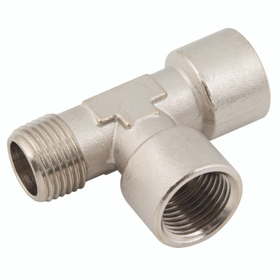 M5 BRASS TEE  PLATED M/F/F - M5 Metric Male x M5 Metric Female, Brass Nickel Plated Adaptor, Male Run x Offset Female, Equal Tee, KelmAll images used are for illustrative purposes only