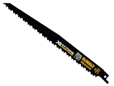 Dewalt XR Wood With Nails Reciprocating Blade 230mm 4/6 TPI Pack of 5 - The DEWALT XR Wood Reciprocating Blades are coated in a special Toughcoat finish which reduces the build up of heat thus improving cutting performance and speed up to twice as much