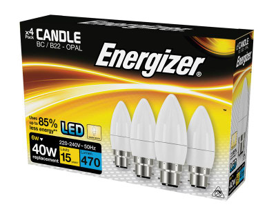 Energizer® LED BC (B22) Opal Candle Non-Dimmable Bulb, Warm White 470 lm 5.2W (Pack 4) - These Opal Finish Energizer&reg; LED Candle Bulbs replicate traditional halogen bulbs in appearance and output, whilst offering an 85% energy saving versus their h