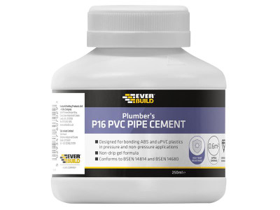 Everbuild Sika P16 Plumber's PVC Pipe Cement 250ml - Everbuild EVBP16PIPE is a PVC pipe cement is a non-drip, thixotropic solvent based pipe cement and combines a long open time with a rapid rate of bond strength development