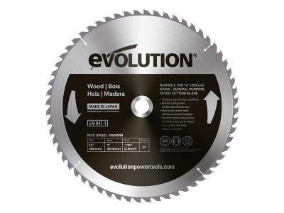 Evolution Wood Cutting Circular Saw Blade 355 x 2.8 x 25.4mm x 60T - This Evolution carbide-tipped metal cutting saw blade is ideal for cutting wood