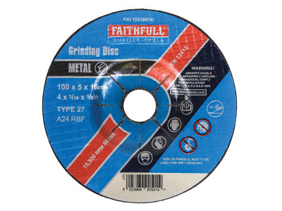 Faithfull Depressed Centre Metal Grinding Disc 100 x 5 x 16mm - Depressed Centre Metal Grinding Discs are manufactured using Aluminium Oxide abrasive grit with fibreglass reinforcing and resin bonded to provide both safety and optimum cutting performan