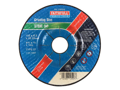Faithfull Depressed Centre Stone Grinding Disc 115 x 6 x 22.23mm - Depressed Centre Stone Grinding Discs are manufactured using Silicone Carbide abrasive grit with fibreglass reinforcing and resin bonded to provide both safety and optimum cutting perfo