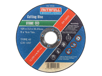 Faithfull Stone Cut Off Disc 125 x 3.2 x 22.23mm - Flat Stone Cutting Discs are manufactured using Silicone Carbide abrasive grit with fibreglass reinforcing and resin bonded to provide both safety and optimum cutting performance