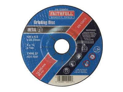 Faithfull Depressed Centre Metal Grinding Disc 125 x 6.5 x 22.23mm - Depressed Centre Metal Grinding Discs are manufactured using Aluminium Oxide abrasive grit with fibreglass reinforcing and resin bonded to provide both safety and optimum cutting perf