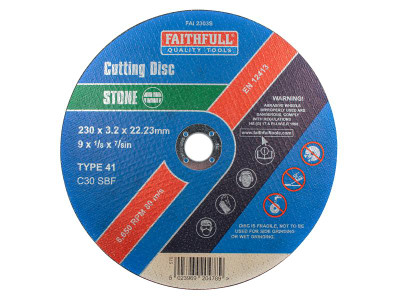 Faithfull Stone Cut Off Disc 230 x 3.2 x 22.23mm - Flat Stone Cutting Discs are manufactured using Silicone Carbide abrasive grit with fibreglass reinforcing and resin bonded to provide both safety and optimum cutting performance
